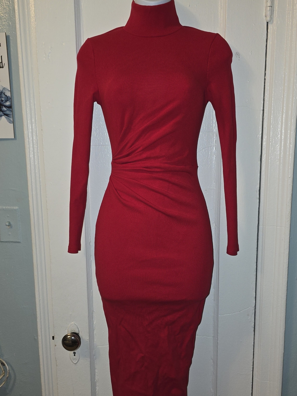 Fashion Nova Red Long-Sleeve Mock Neck Midi Dress